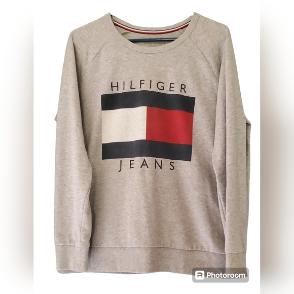 Hilfiger Jeans Sweatshirt L Gray Full Logo Embroidered Spell Out Retro 80s 90s - Picture 1 of 9